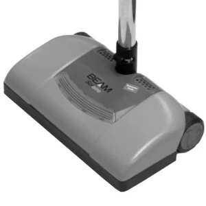 A vacuum cleaner is shown with the handle down.