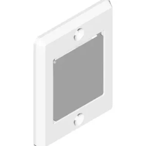 A white square shaped wall plate with two holes.