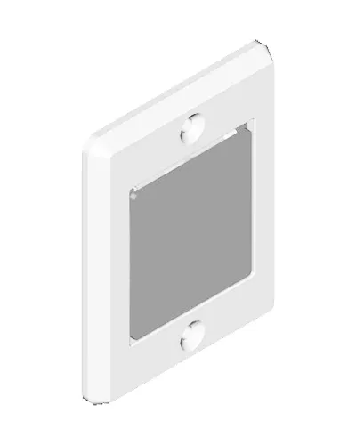 A white square shaped wall plate with two holes.