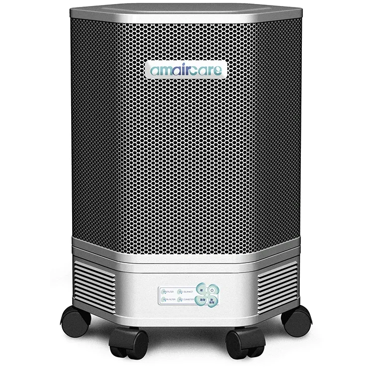A black and silver air purifier with wheels.