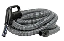 A close up of an extension hose with a black handle