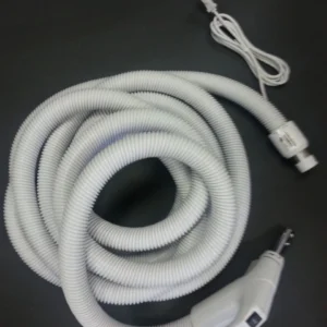 A white hose with a white handle and a black end.