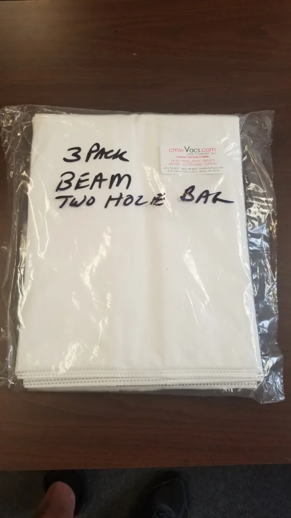 A bag of white paper with the words " beam two hole ball ".