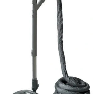 A black and silver vacuum cleaner with a hose attached to it.