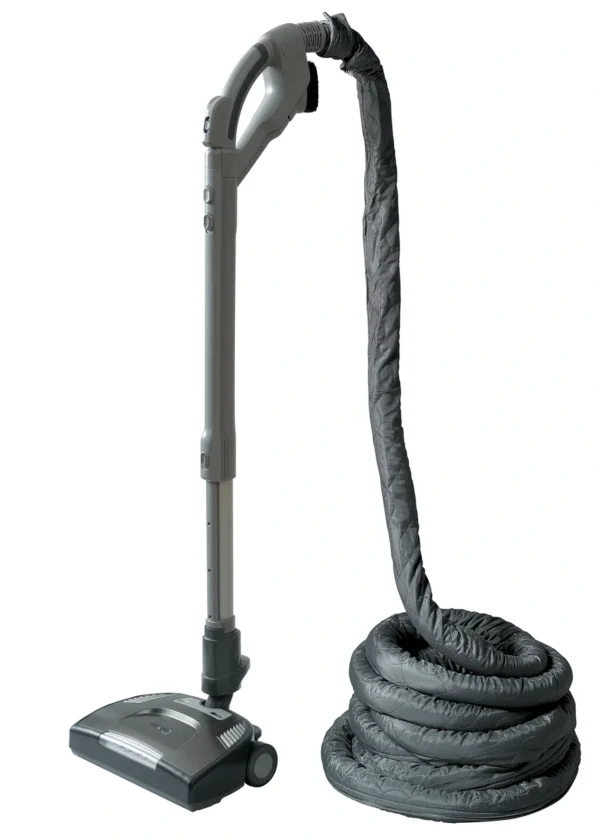 A black and silver vacuum cleaner with a hose attached to it.
